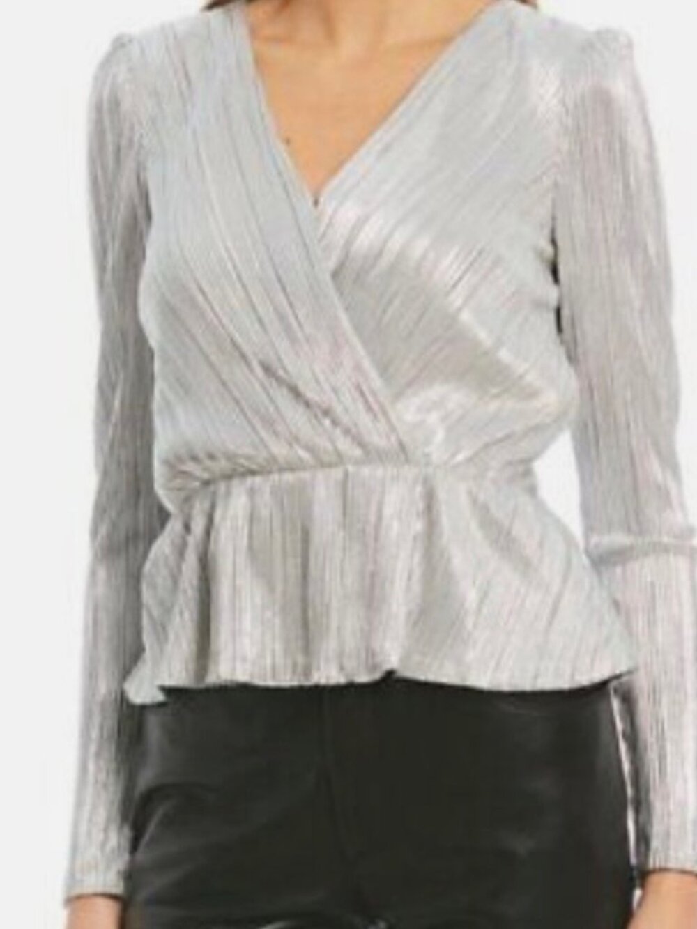 Gianni Bini Micro Pleated Silver Metallic Peplum Blouse V-neck Size S